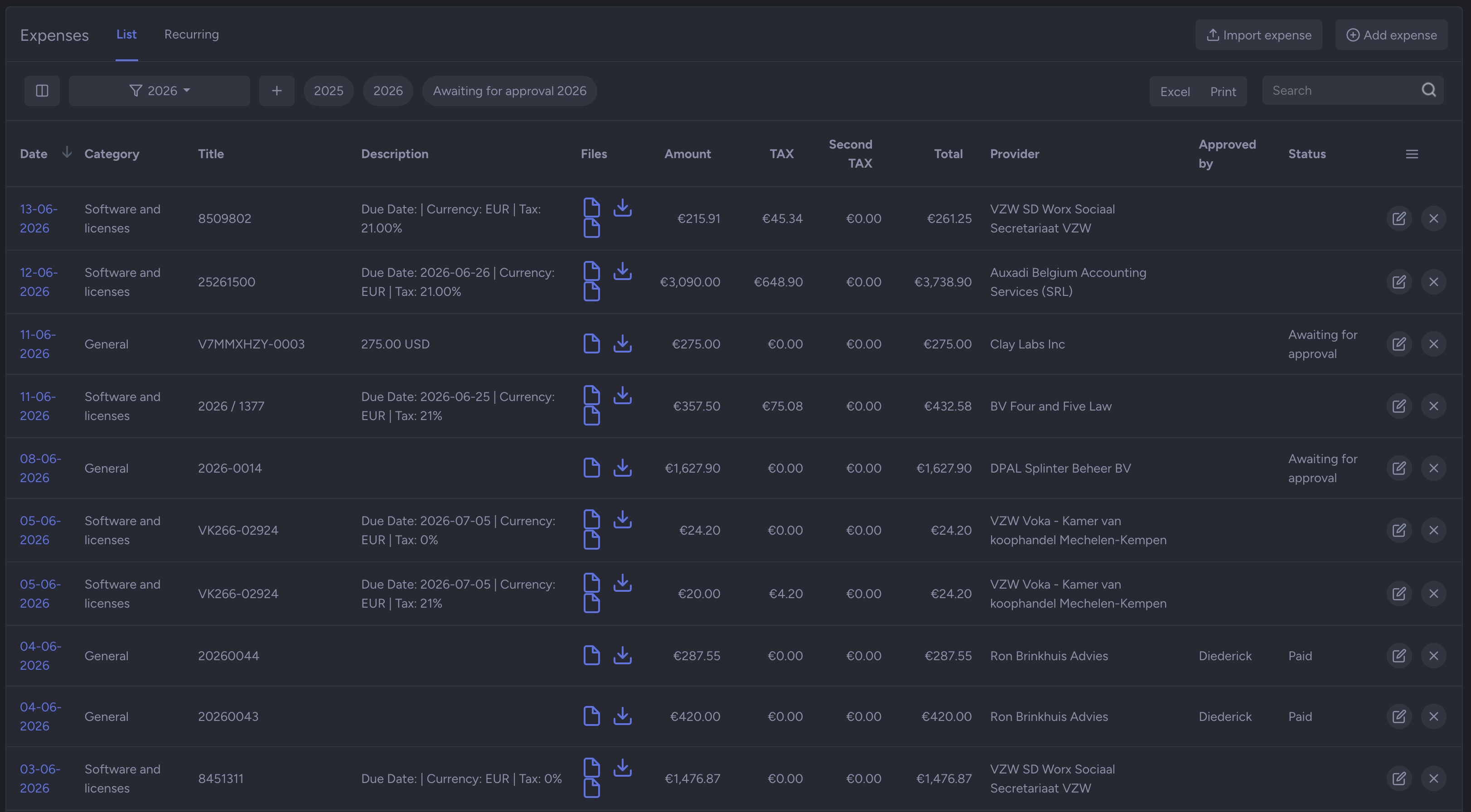 NIZU Expenses interface dark mode