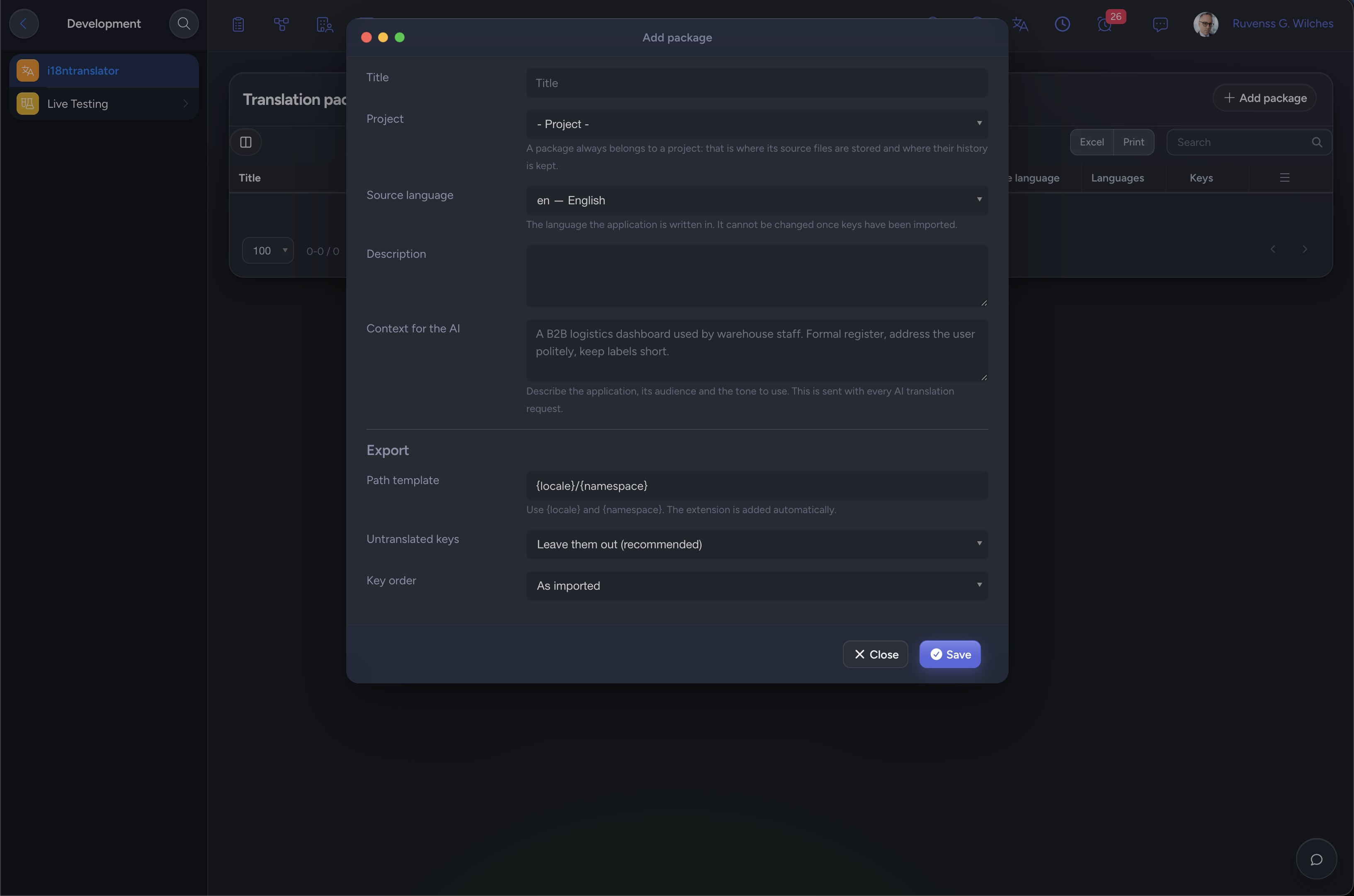 Editor de traducció de NIZU i18nTranslator en mode fosc