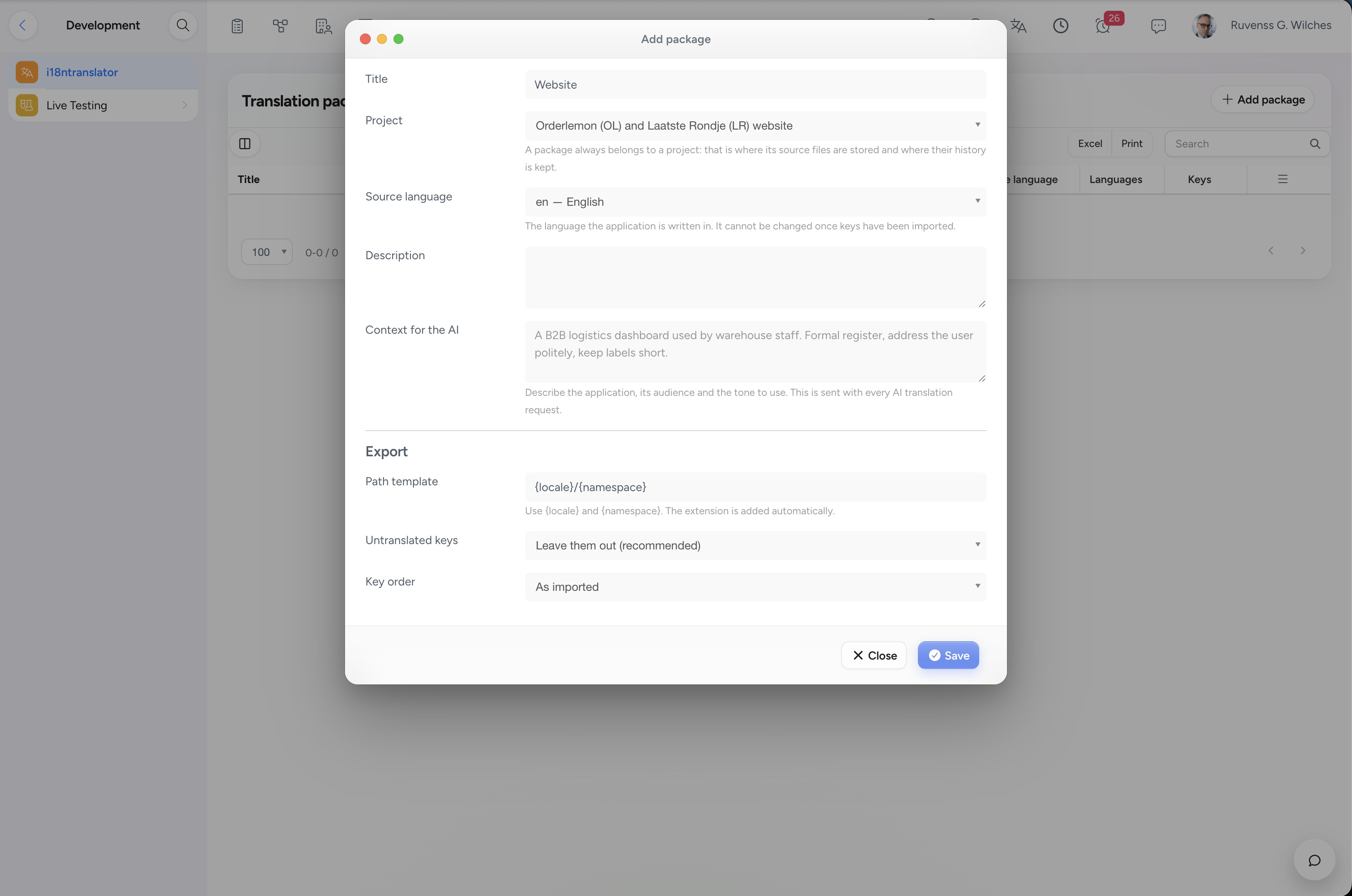 Editor de traducció de NIZU i18nTranslator en mode clar
