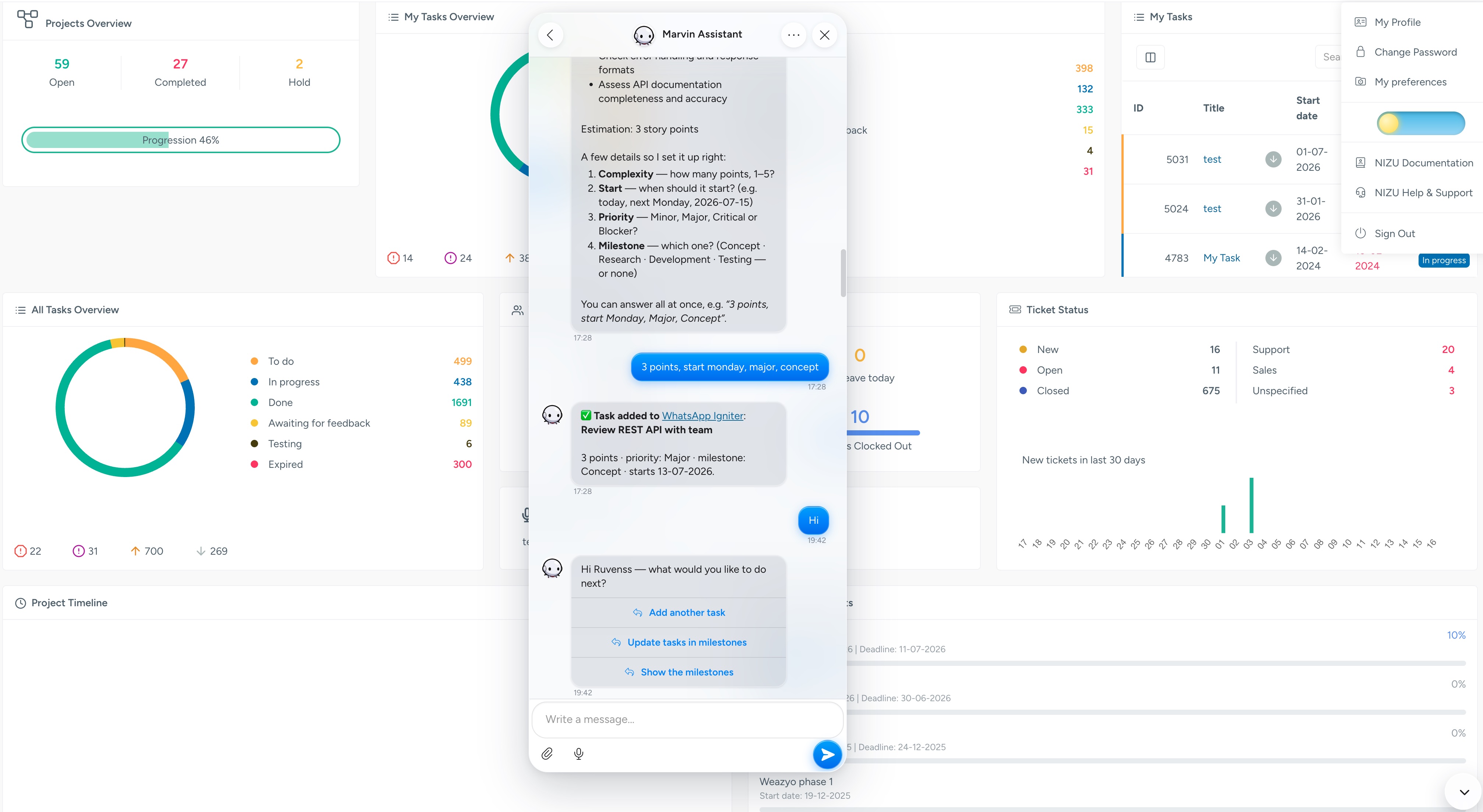 NIZU Marvin AI-assistent-interface in lichte modus