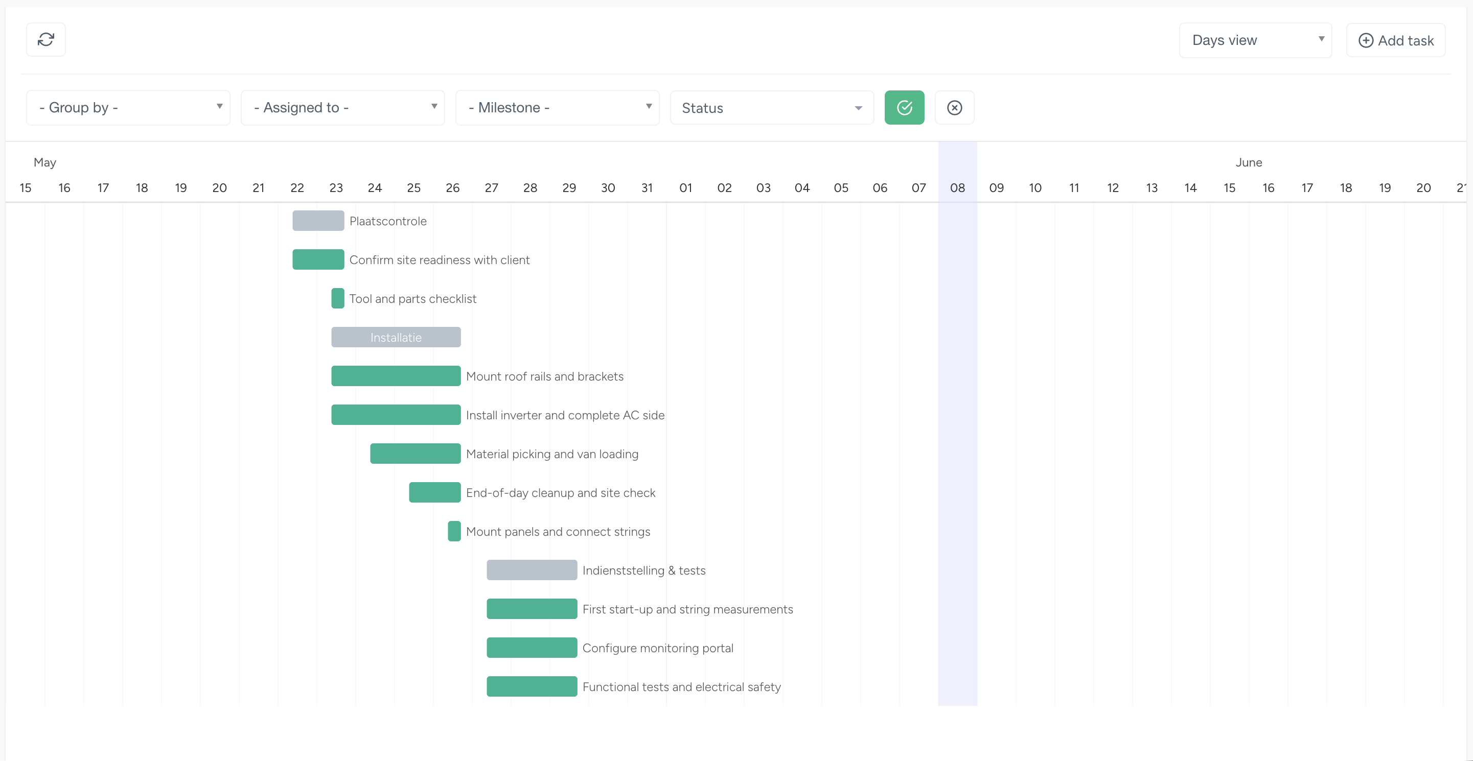 Interface de gestão de projetos NIZU modo claro